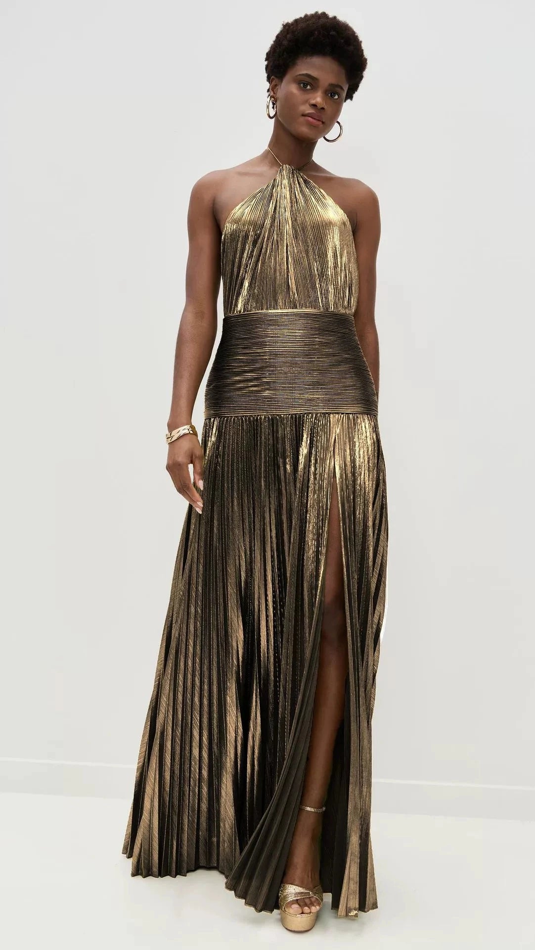Gold Halter Neck Evening Dress Woman Chic Solid Color Pleated Backless Package Hip Slit Dress Fashion Trendy Lady Party Vestidos