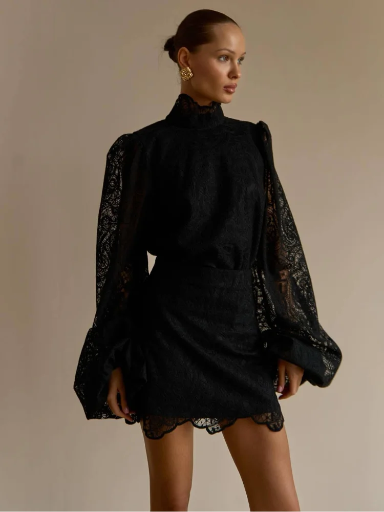 Women Lace Hollow Out Mini Dress Elegant Long Sleeve Designs Chic High Neck Short 2026 Trendy Spring Club Night Gown