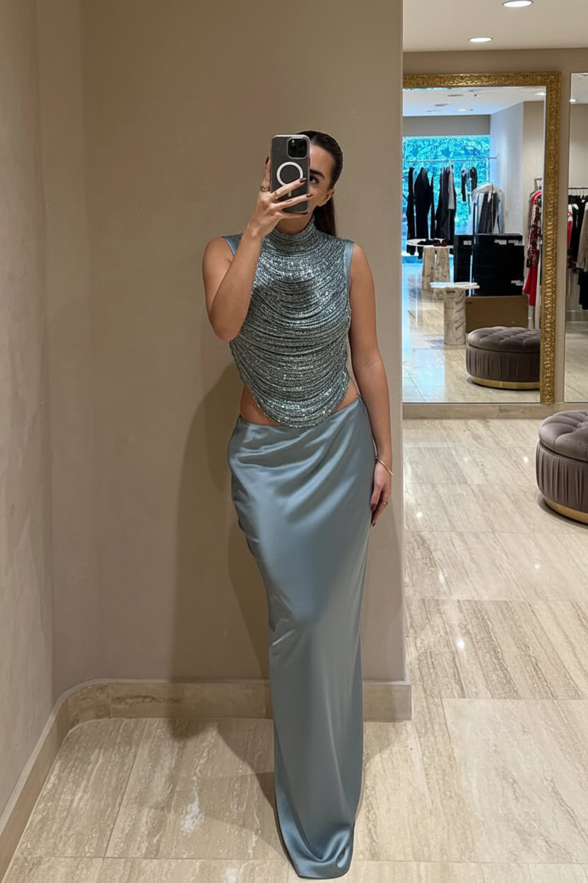 Lady Chic Silk Fringe Patchwork Top Set Women Sexy Sleeveless Tops High-waisted Slim Satin Skirts Sets 2026 Party Holiday Outfit