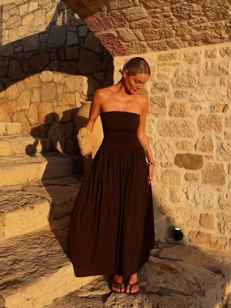 ETJ Off-Shoulder Strapless Dress 2026 – Elegant Pleated Women's Dress