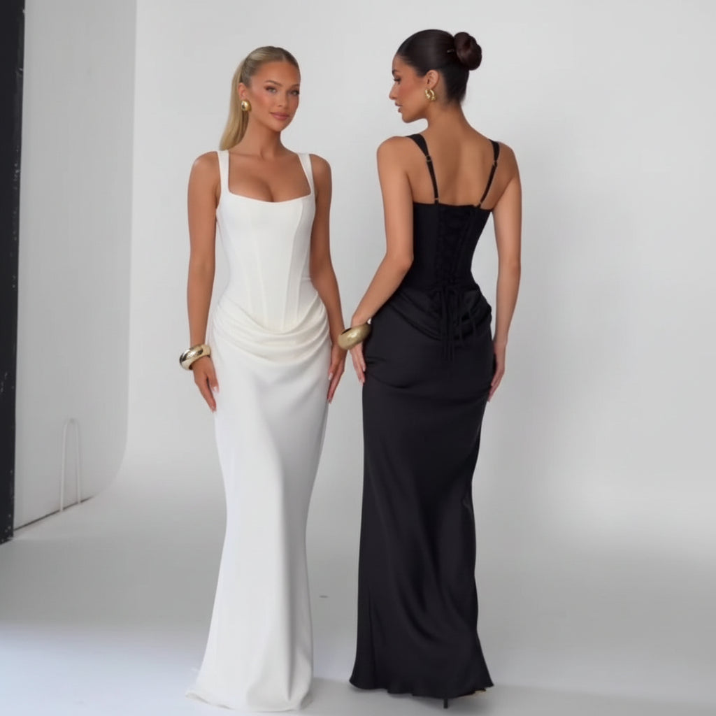 CHNMR Sexy Backless Ruched Maxi Dress for Women U-neck Sleeveless Bandage Bodycon Black Long Dresses Lady Evening Party Gown
