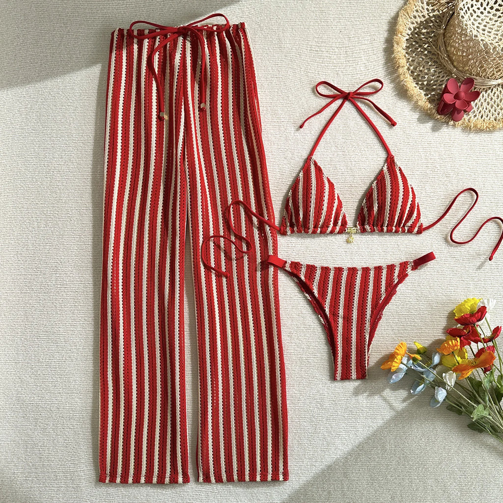 2026 Knitted Striped Halter 3-Piece Bikini Set with Tie Straight Pants – Stylish Beach Swimwear
