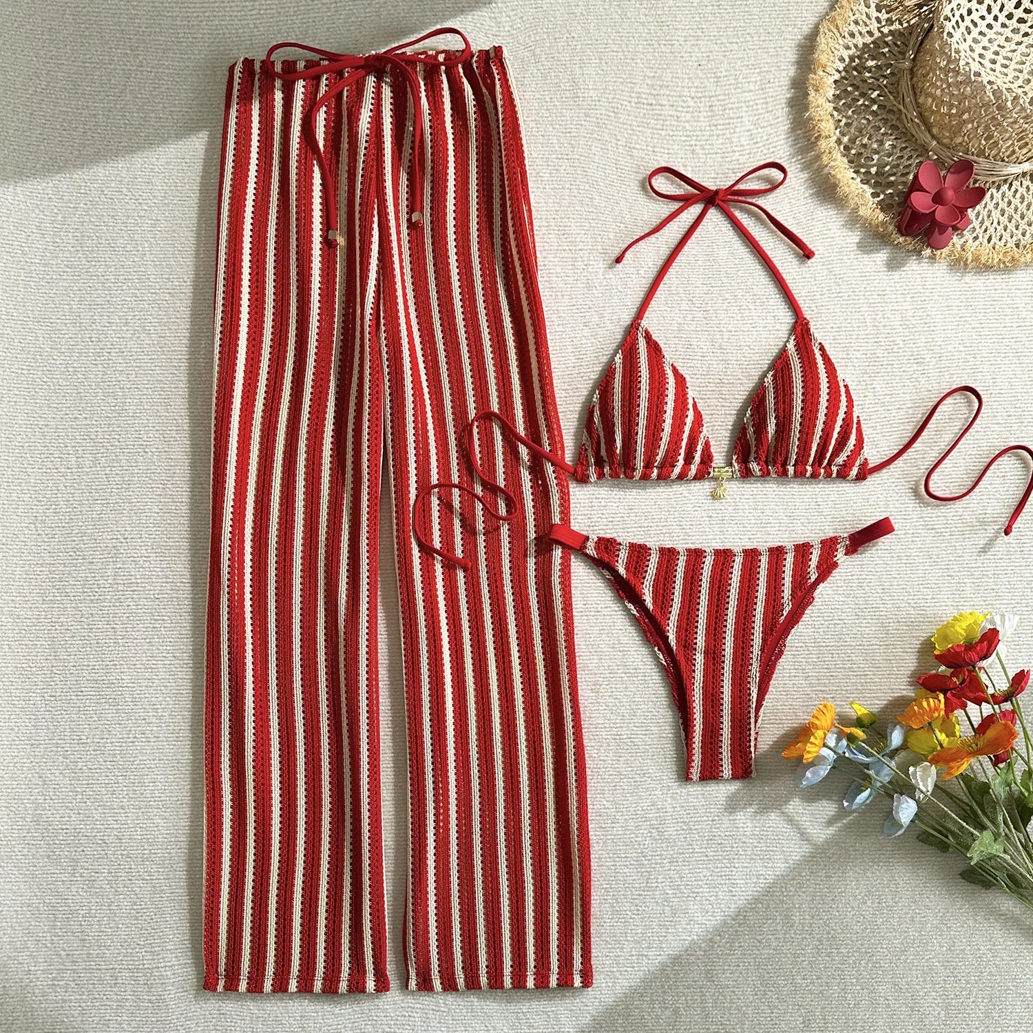 2026 Knitted Striped Halter 3-Piece Bikini Set with Tie Straight Pants – Stylish Beach Swimwear