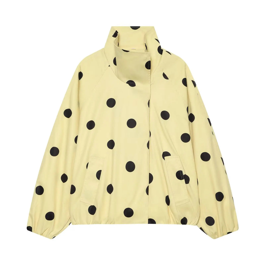 BSAY 2026 New Women Fashion Versatile Polka Dot Bomber Jacket, Stand Collar Zip Up Loose Cropped Casual Outerwear With Pockets