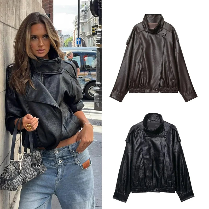 Women's Faux Leather Jacket – Chic Long Sleeve Coat