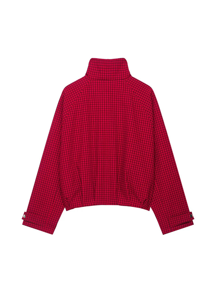 Autumn Women Plaid Bomber Jacket New Stand Collar Pocket Retro Loose Fit Zipper Jacket Coats Fashion Female High Street Jacket