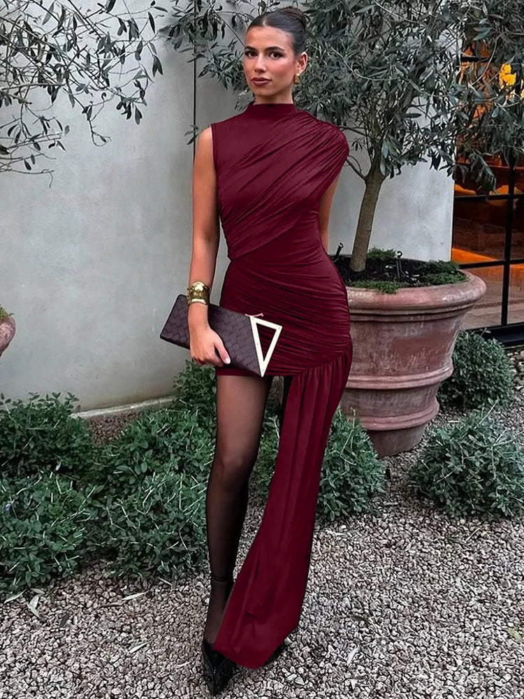 Mozision Irregular Draped Ruched Mini Dress For Women Elegant Turtleneck Sleeveless High Waist Pleated Club Party Dress