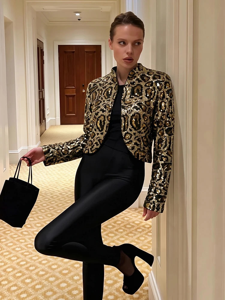 Leopard Print Cropped Jacket with Sequin Detail
