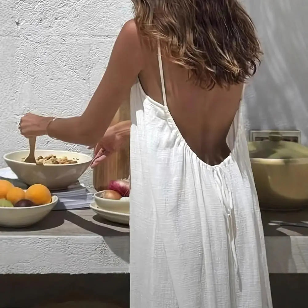 Temperament Suspender Women Dress 2026 Summer Pure Color Backless Loose Maxi Dress Elegant Versatile Big Swing Beach Dress