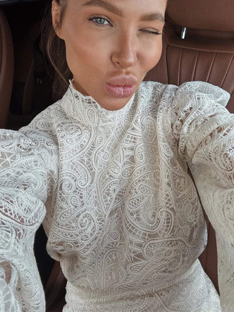 Women Lace Hollow Out Mini Dress Elegant Long Sleeve Designs Chic High Neck Short 2026 Trendy Spring Club Night Gown