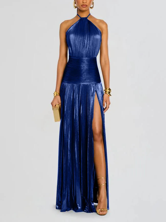 Gold Halter Neck Evening Dress Woman Chic Solid Color Pleated Backless Package Hip Slit Dress Fashion Trendy Lady Party Vestidos