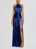 Gold Halter Neck Evening Dress Woman Chic Solid Color Pleated Backless Package Hip Slit Dress Fashion Trendy Lady Party Vestidos