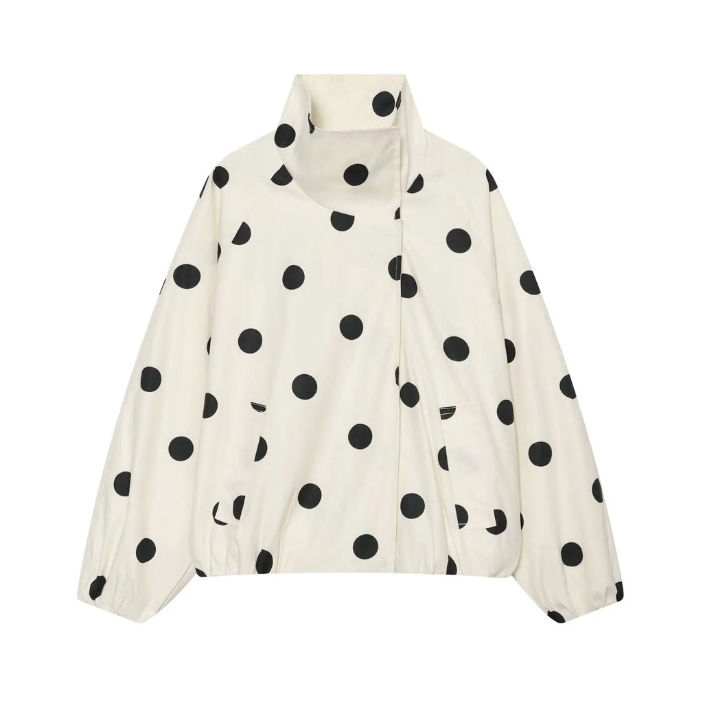 BSAY 2026 New Women Fashion Versatile Polka Dot Bomber Jacket, Stand Collar Zip Up Loose Cropped Casual Outerwear With Pockets