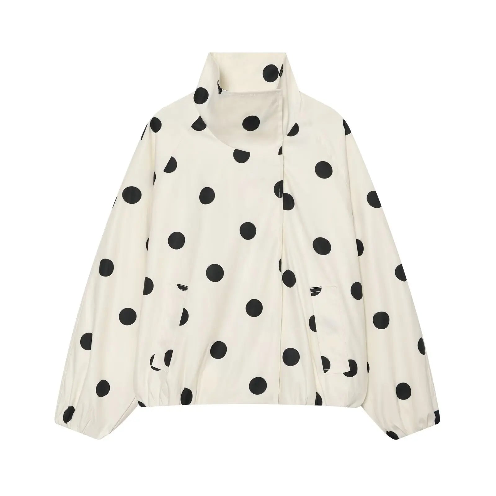 BSAY 2026 New Women Fashion Versatile Polka Dot Bomber Jacket, Stand Collar Zip Up Loose Cropped Casual Outerwear With Pockets