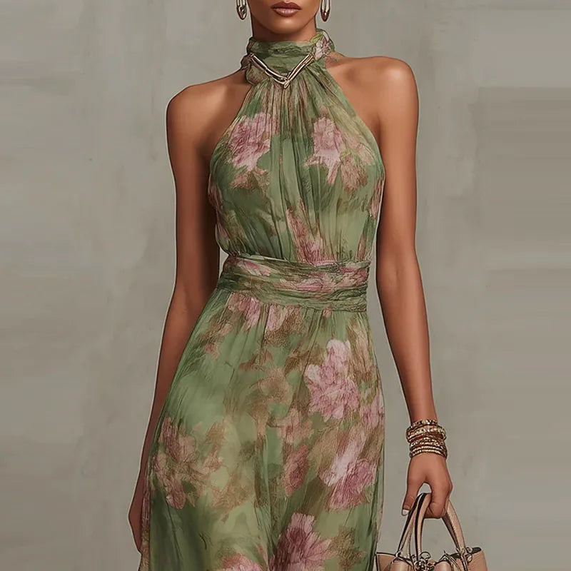Elegant Halter Off-Shoulder Floral Chiffon Dress – Boho Sleeveless Summer Beach & Party Maxi