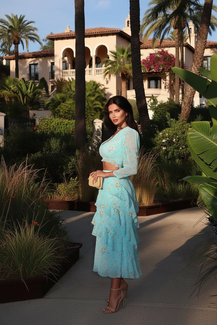 Loose Print 2 Piece Set Women 2026 Fashion Long Sleeve Crop Top With High Waist Long Skirt