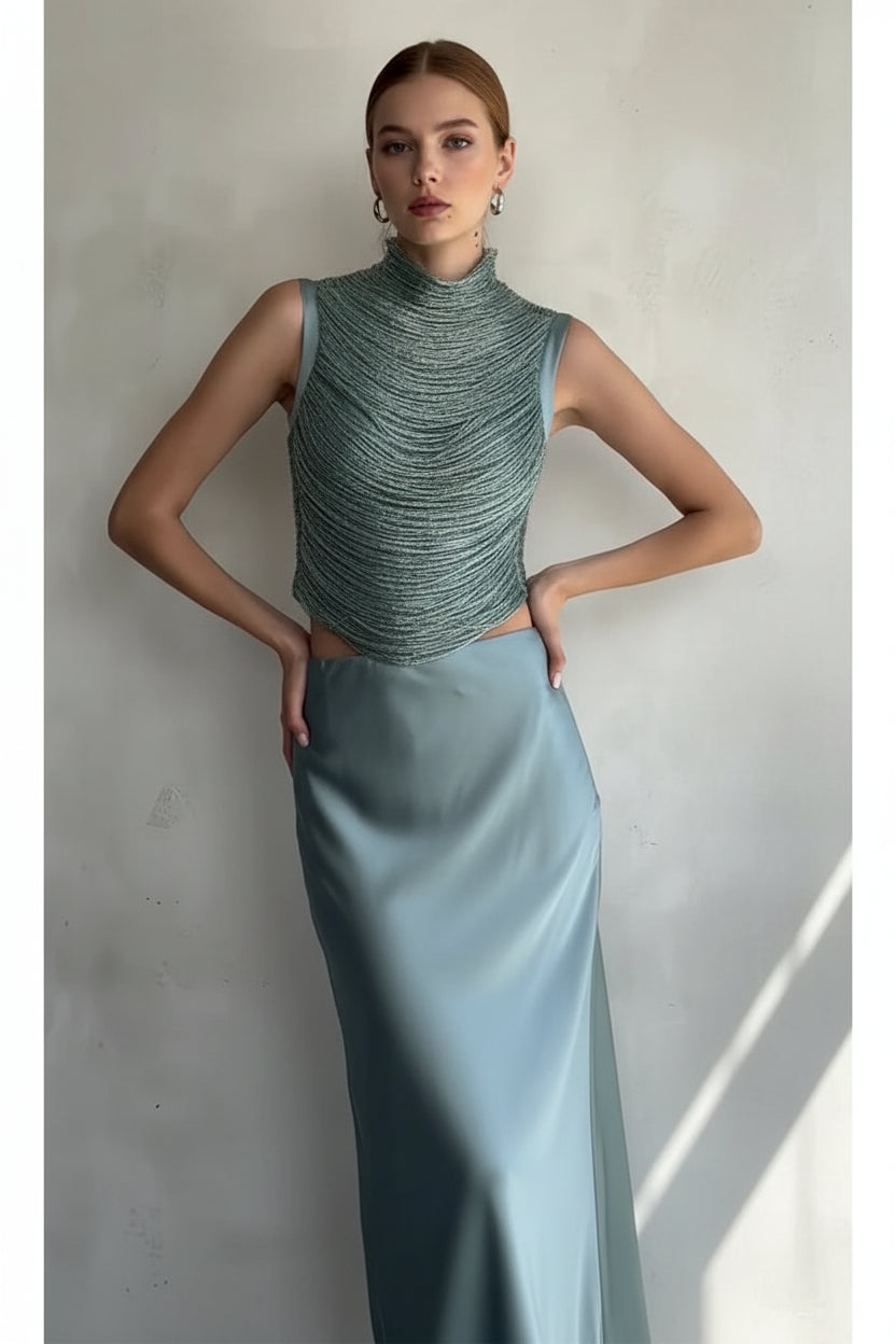 Lady Chic Silk Fringe Patchwork Top Set Women Sexy Sleeveless Tops High-waisted Slim Satin Skirts Sets 2026 Party Holiday Outfit
