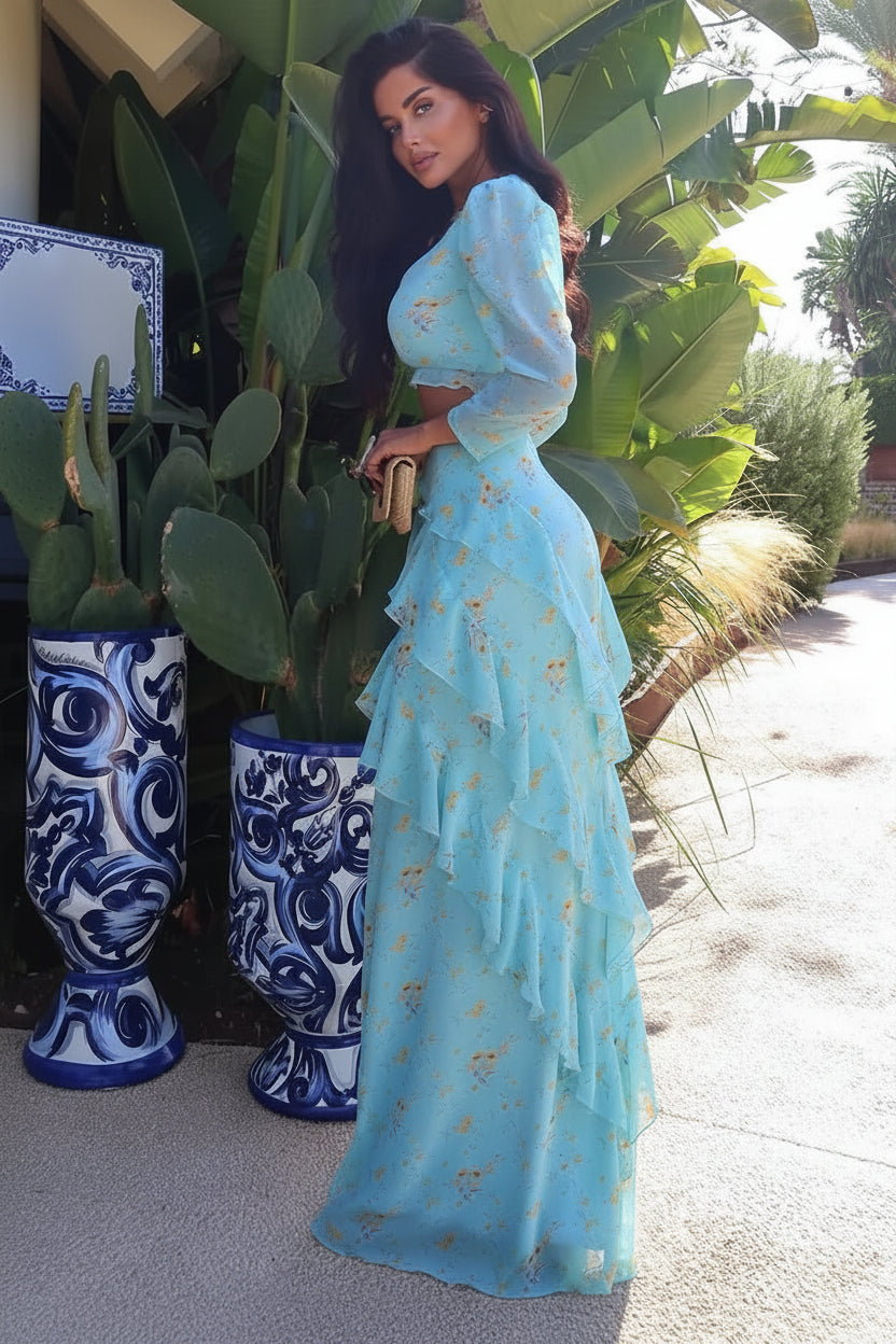 Loose Print 2 Piece Set Women 2026 Fashion Long Sleeve Crop Top With High Waist Long Skirt