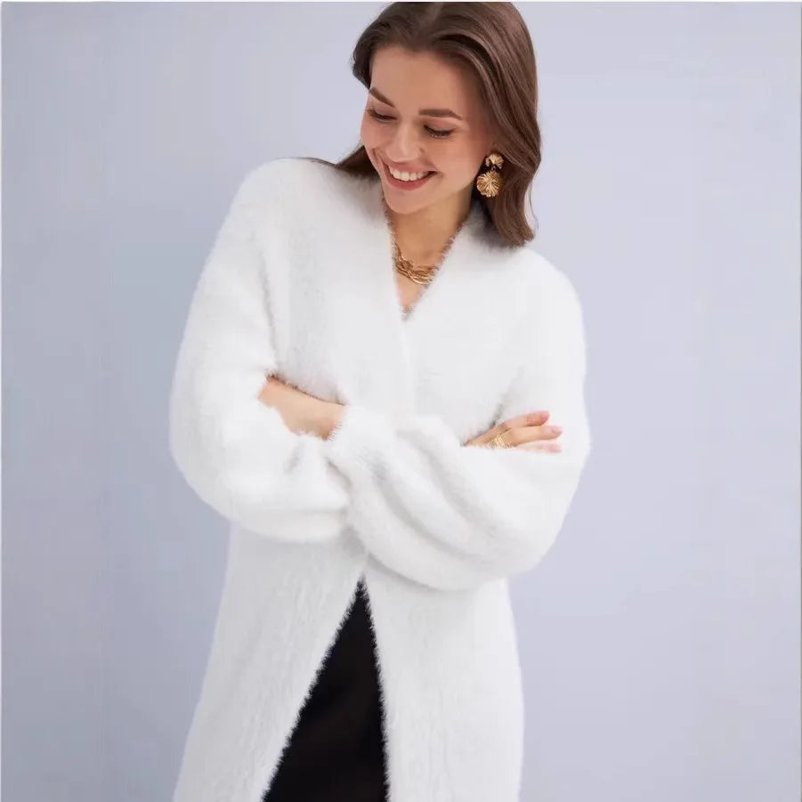 Relaxed Longline Faux Mink Knit Cardigan